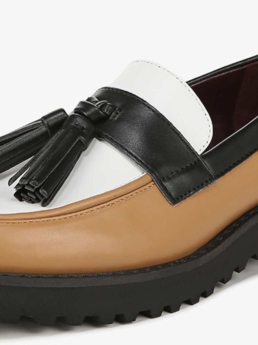 Franco Sarto Tassel Loafer in Tan, White & Black